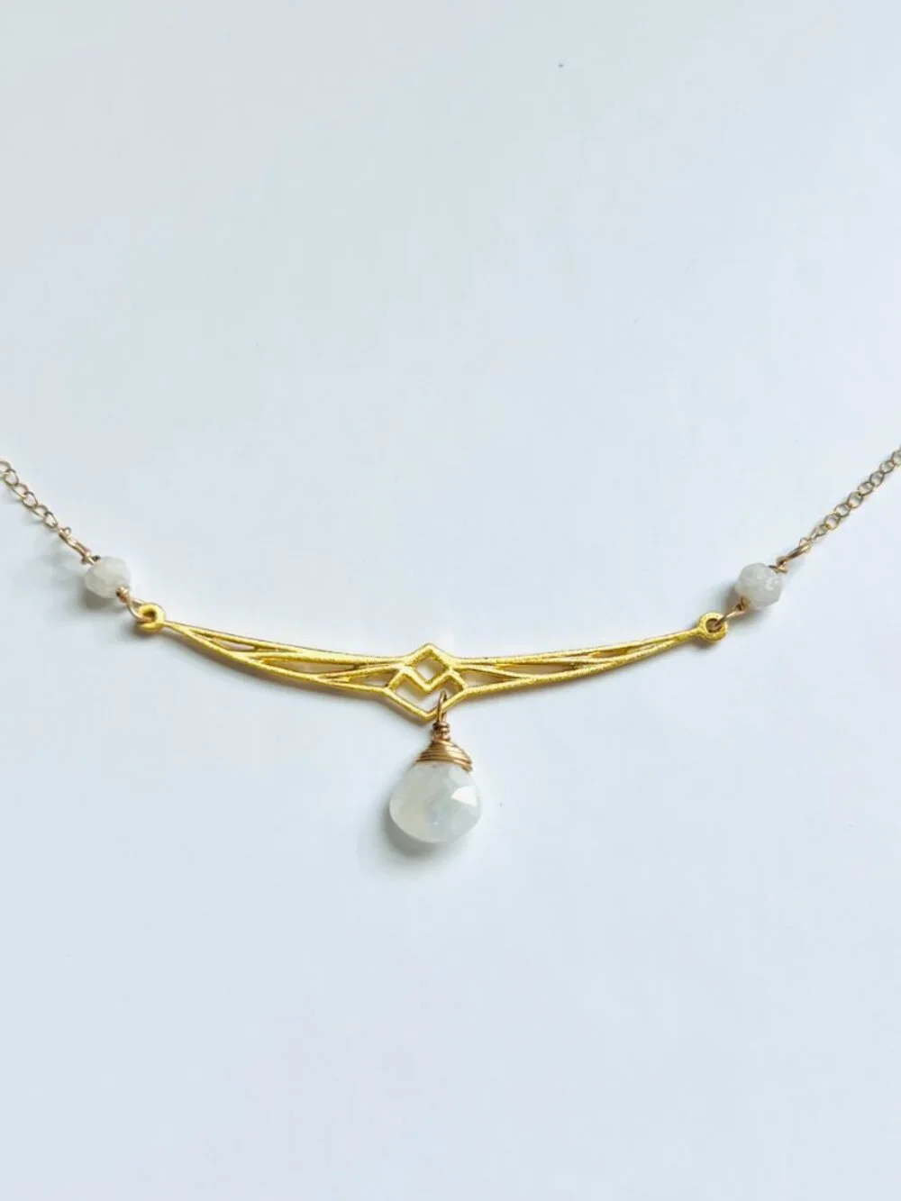 Gold Bird Wing Necklace: Rainbow Moonstone Pendant, Bird Lover Gift